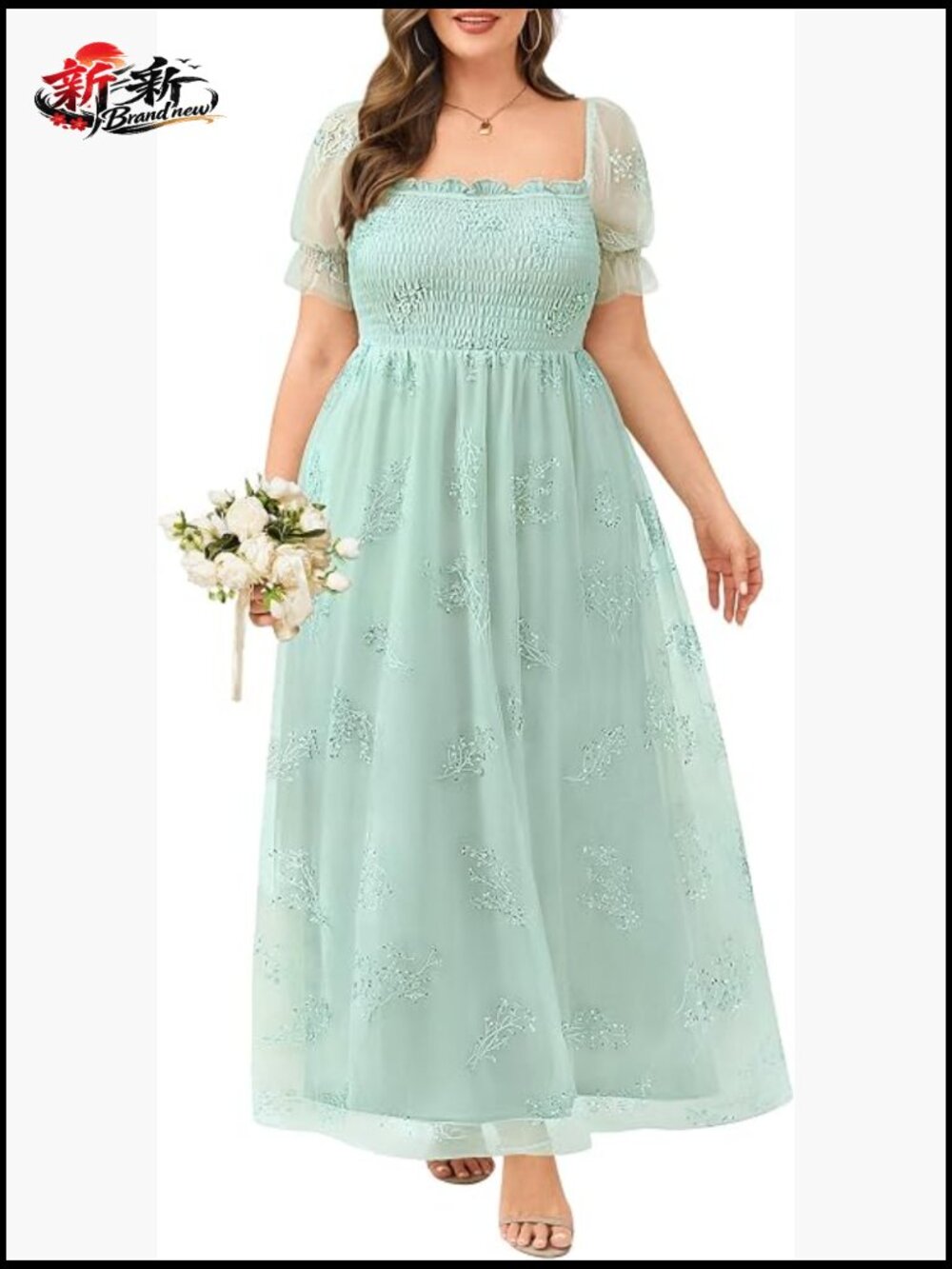 Plus Size Floral Embroidered Tulle Maxi Dress Square Neck Puff Sleeve A-Line